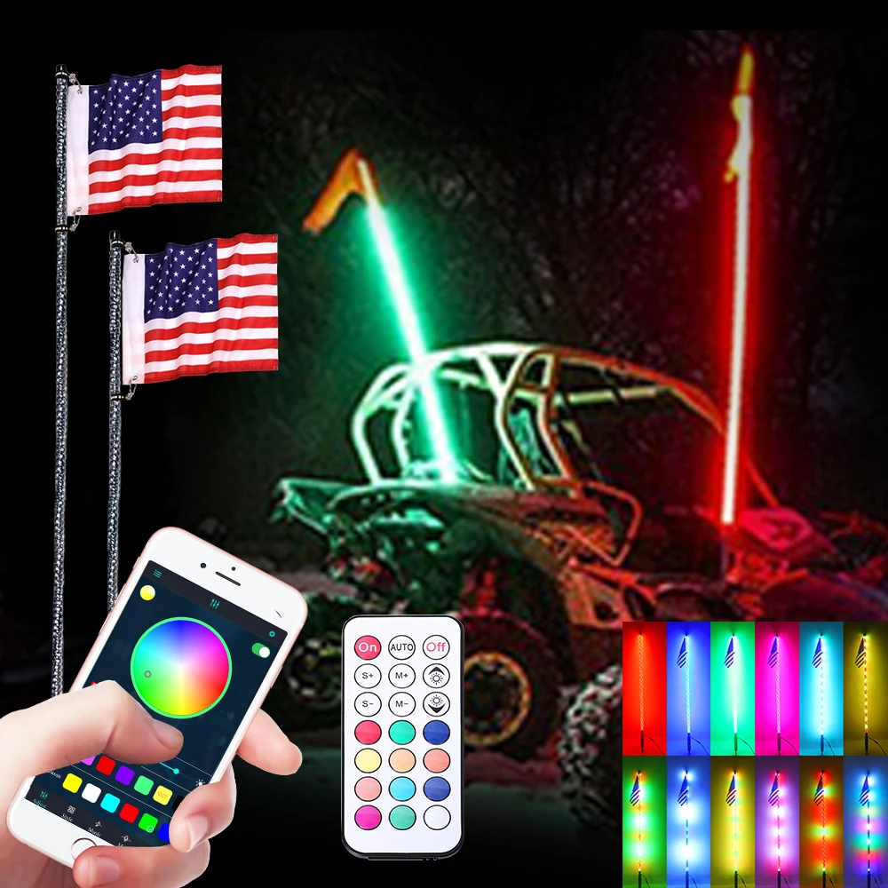 Universal Mount RZR Flag Light Whip 3 4 5 ft Buggy RGB 360 Degree Spiral LED Whip Light Blue-tooth App Control  For UTV Off-road