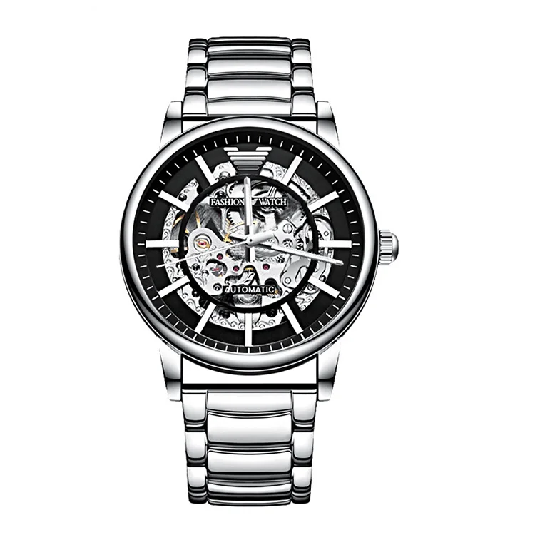 Custom logo All stainless steel see through skeleton dial Minimalist Men Automatic Watch