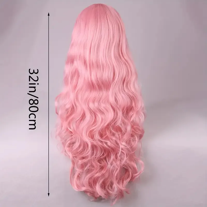 32 Inch Long Loose Curly Hair Wigs With Bangs Heat Resistant Synthetic Wavy Hair Wigs  For Halloween Cosplay Party