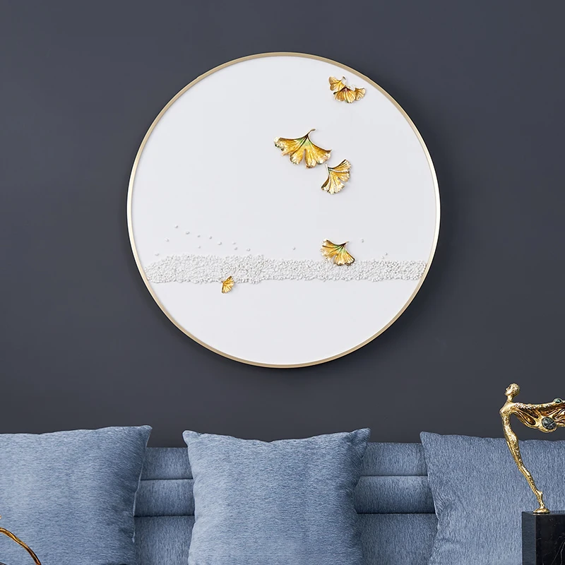 SANLOREN Luxury Decoration Wood Enamel Decorative Light Luxury Golden Leaf White Living Room Wall Art Decorative Painting