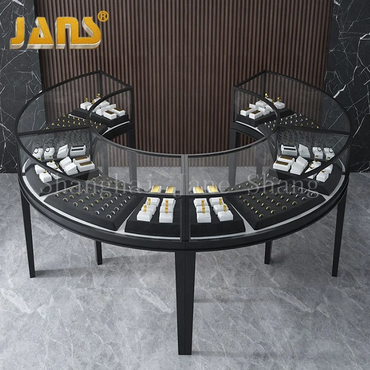 
Luxury round arc stainless steel glass commercial jewellery cabinet display counter for jewelry shop showcases 