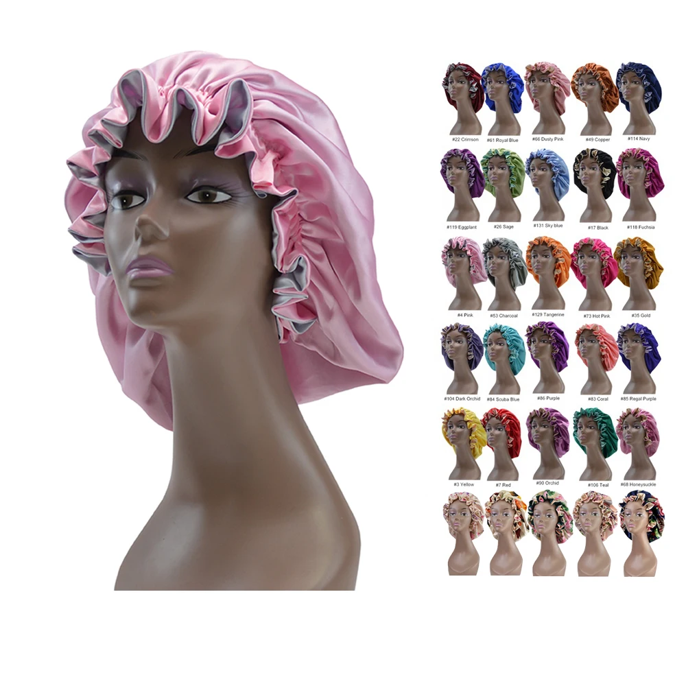 Reversible Silky Bonnets Solid Sleeping Cap Double Layer Adjustable Sleep Hat Satin Bonnets Custom Logo
