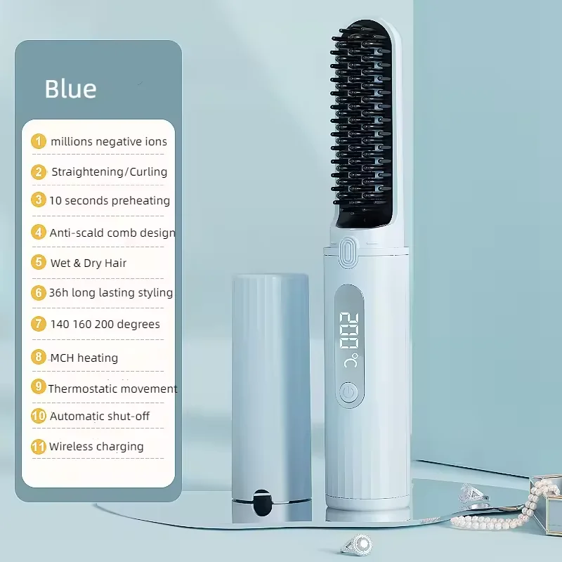 2 In 1 Cordless Portable Straightening Brush 30s Fast Heating Electric Comb Hair Straightening Lcd Display For Smooth