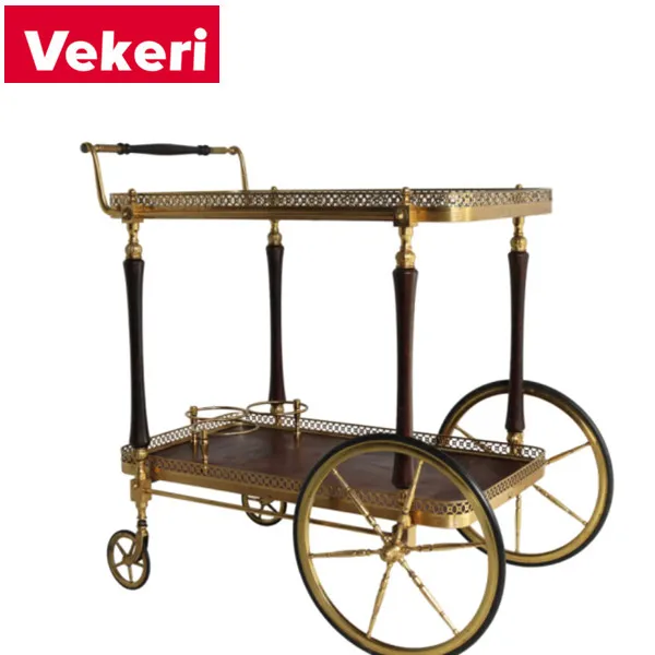 European style elaborate like carriage design brass frame solid wood pillars size asymmetrical bar cart