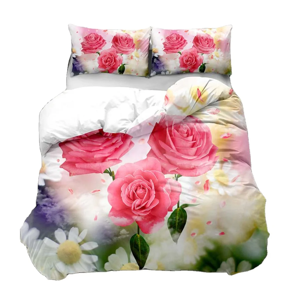 3D Digital printing Rose Flowers design bed sheet set duvet cover set with pillowcase flat sheet fitted sheet Bedding sets (1600316261778)