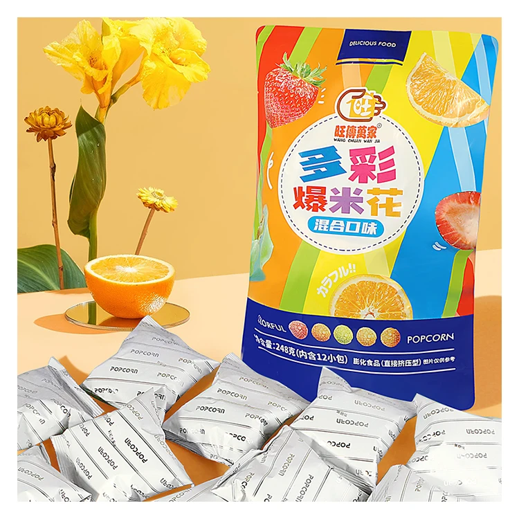 Factory wholesale suppliers popcorn bulk Healthy Grain snacks Puffing food 3flavors mixed rainbow fruit Bag popcorn248g/popcorn