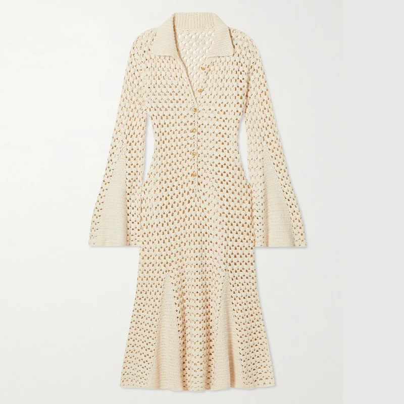 2023 summer hollow crochet V-neck long sleeved flared sleeves pure cotton pleated skirt knitted dress sweater