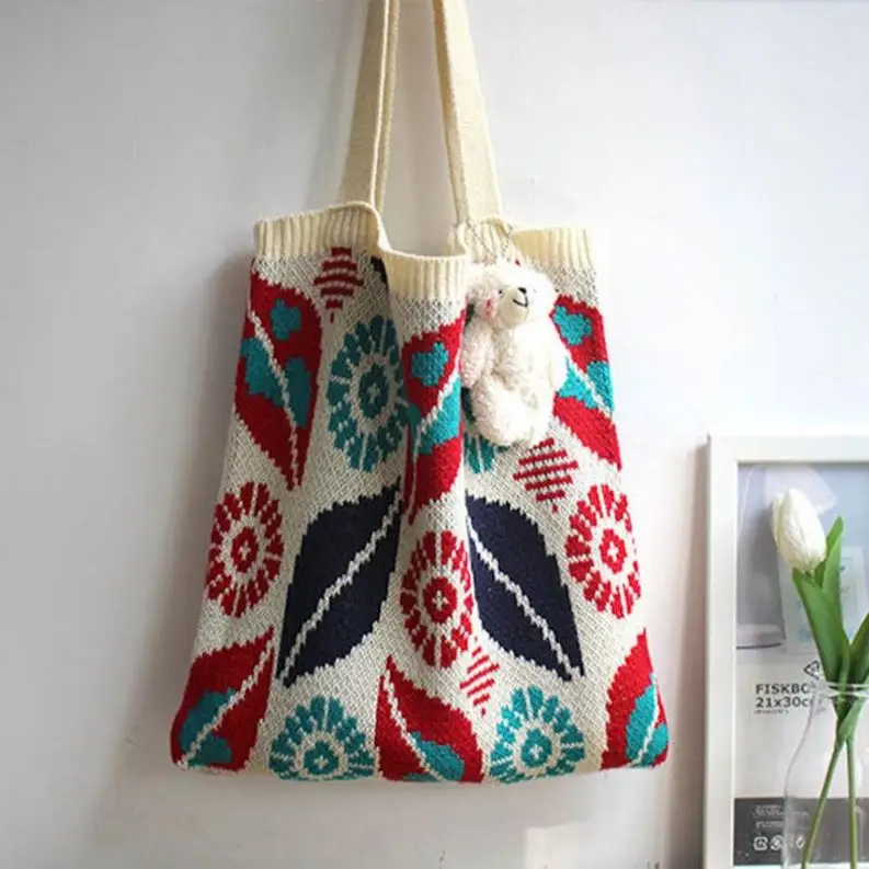 Knitting Bag Handbags Boho Floral Shoulder Mini Plaid Snap Button Crochet Handmade Crossbody Bag Bohemian Chic Sweater Knit Bag