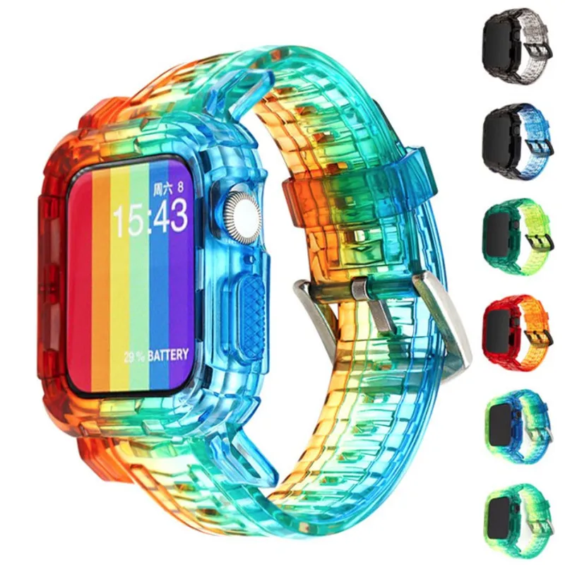 Ремешок мягкий из ТПУ для Apple Watch iWatch Series 6 5 4 3 2, Радужный Браслет с градиентными цветами и металлической пряжкой, 2021
