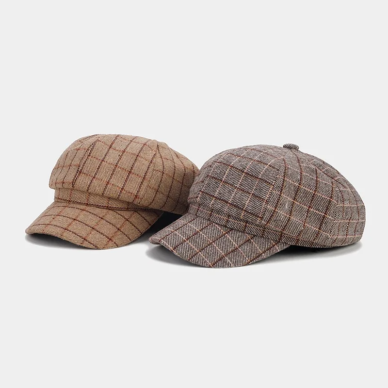 Hot Sale Fashion Women Berets octagonal Newsboy Cap Plaid Design Beret Hat for Women 8 Panels Newsboy Cap