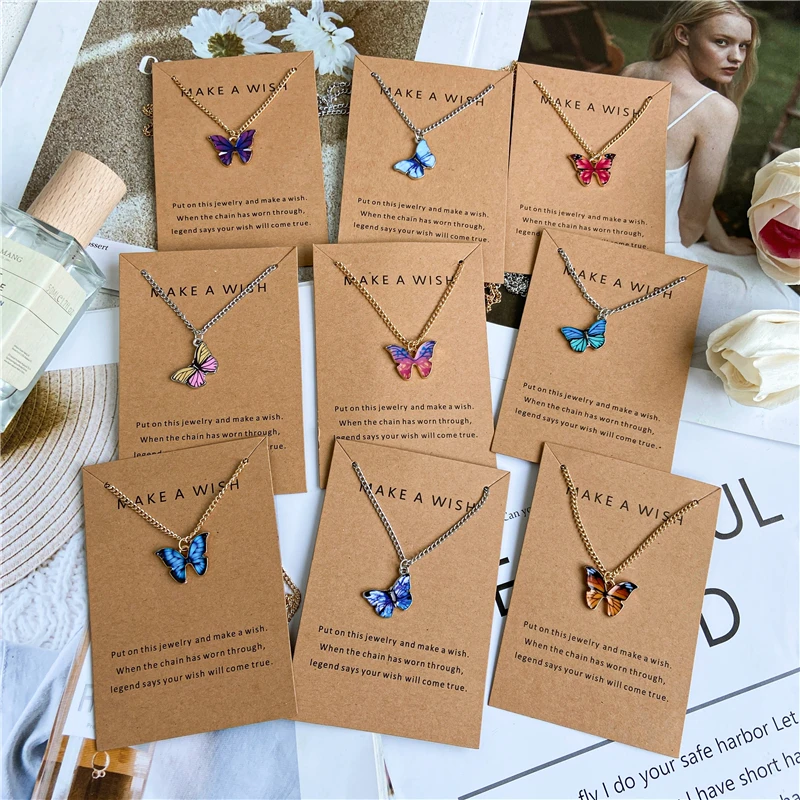 DY OEM Collier chain acrylic colorful enamel butterfly pendant necklace gold crystal  blue pink butterfly necklace for women