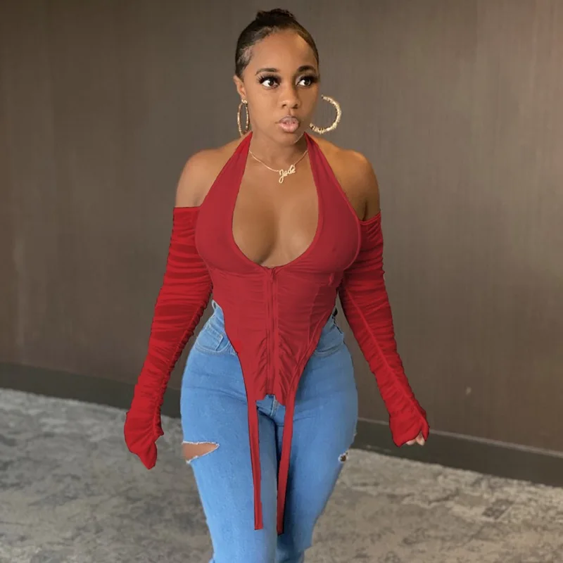 New Arrival Woman T-shirt With Zipper Long Sleeve V-neck Lace Mesh White Crop Top