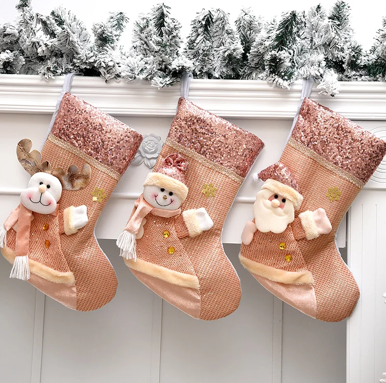 2021 New Christmas Tree Decorations Socks Pink Sequins Christmas Socks Christmas Santa Socks Gift Bags