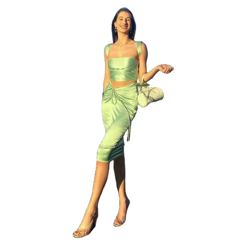 Unique Design Satin Material Sexy Crop Top And Ruffled Long Skirt 2 Pieces Of Women Set