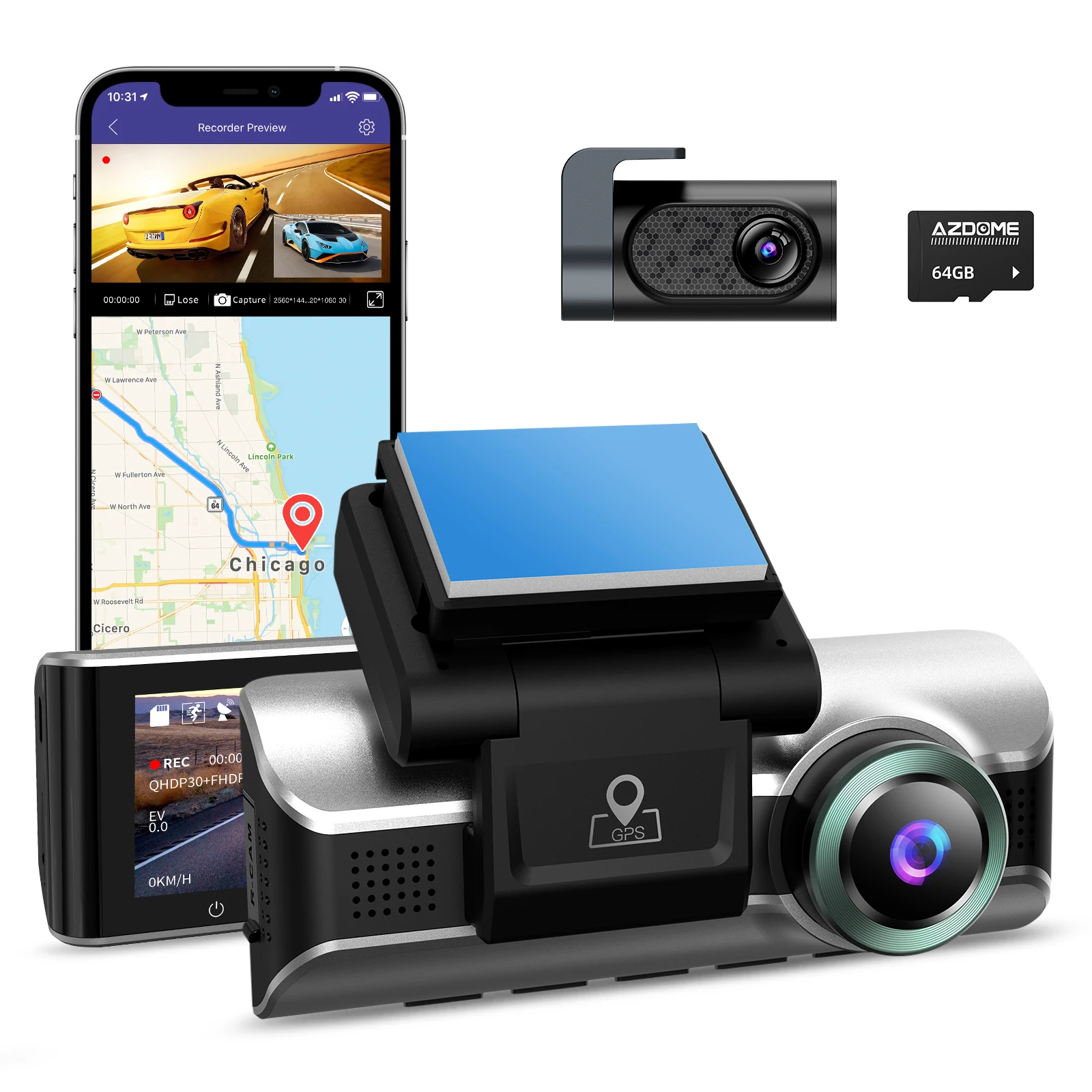 AZDOME M550 Pro-2CH 2K+1080P 2 Channel Dash Camera Car DVR Recorder with Built in 5G WiFi GPS IR Night Vision