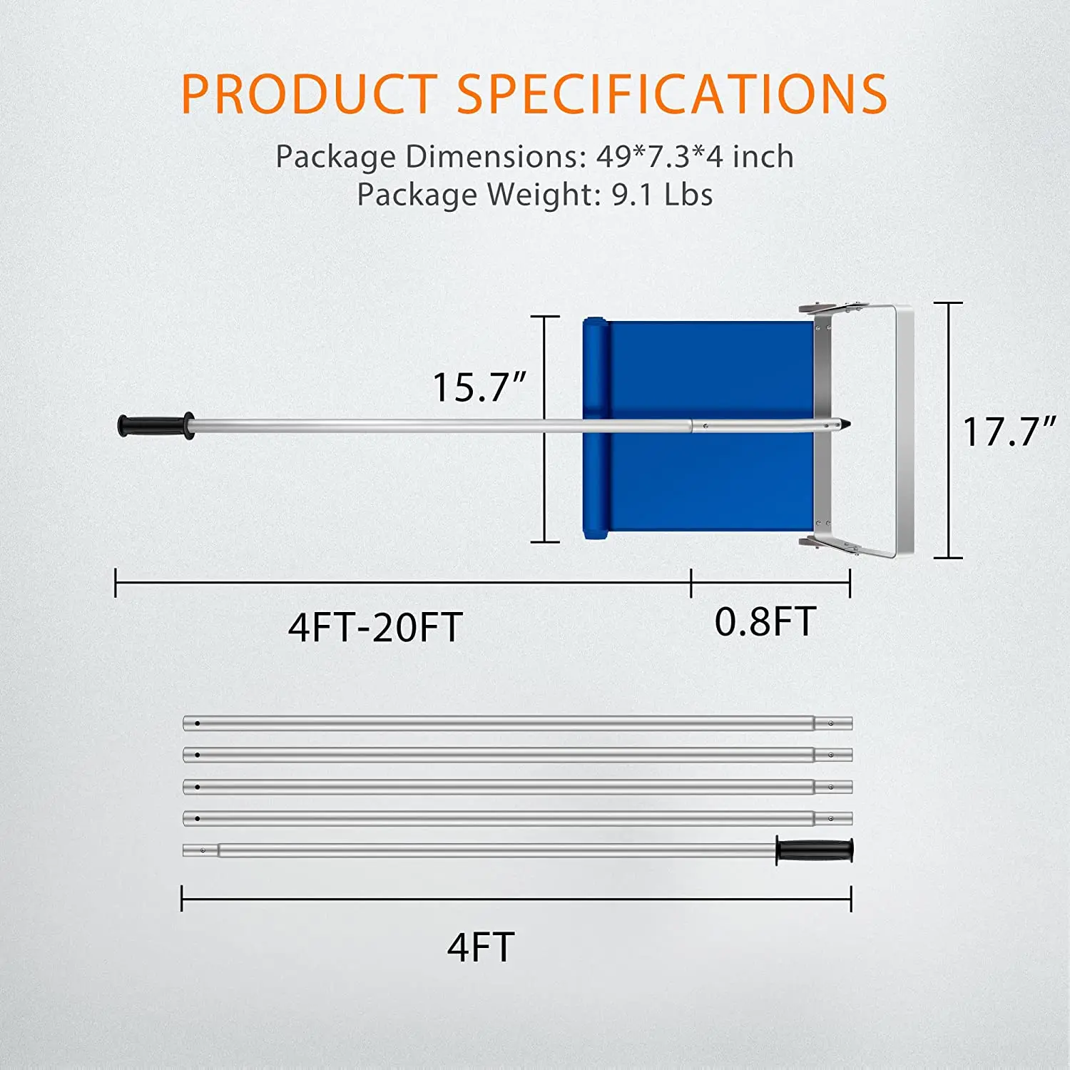 Snow Roof Rake Snow Removal Tool with Wheels and Adjustable Extended Handle