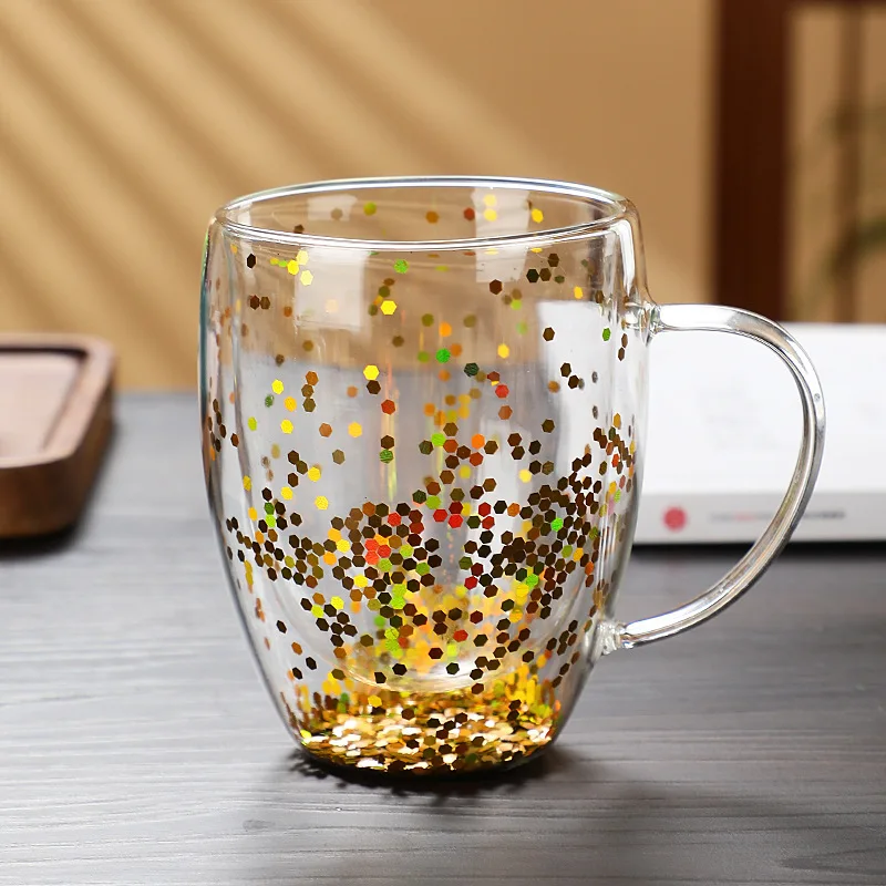 Borosilicate Glass Insulated Custom Glitter Creative Coffee Water Glasses Cups for Wedding Party Gifts