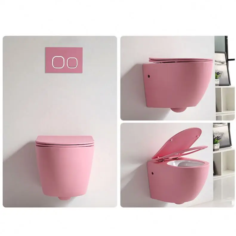 Two Piece Wash Down Bathroom WC Rimless Ceramic Pink Toilet Bowl Sanitary Ware Wall mounted Toilet Set