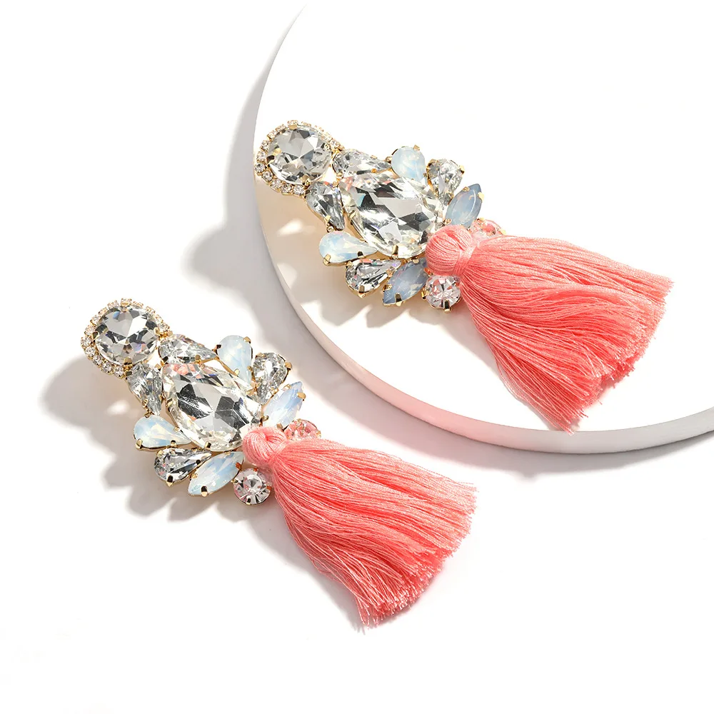 2023 Boho Crystal Rhinestone Nickel Free African Fringe Earrings Handmade Long purple Tassel Earrings for Women