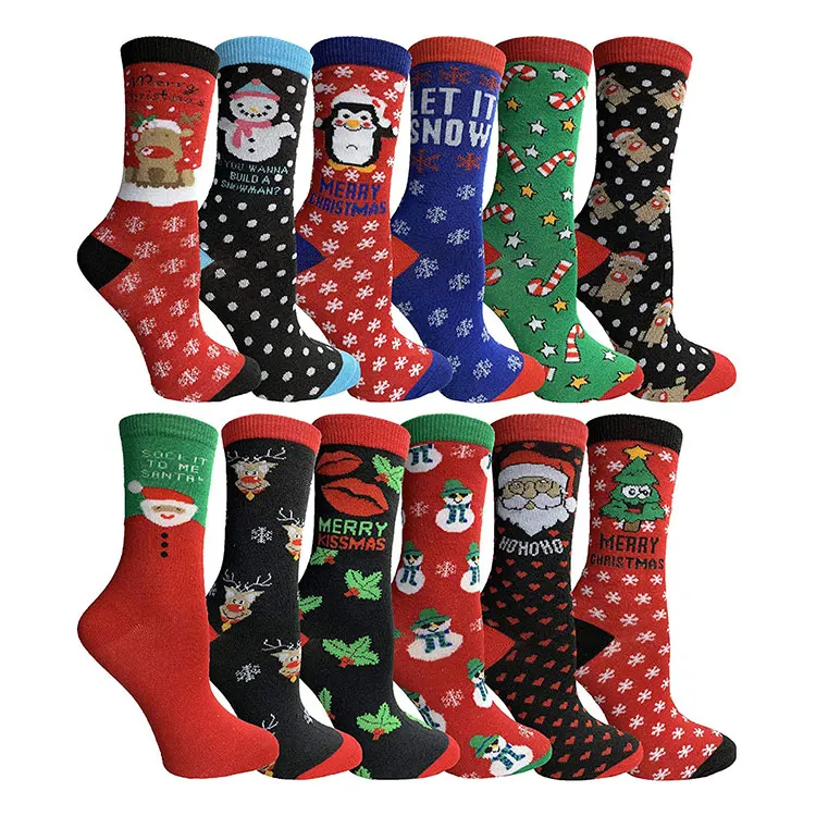 Mens womens family holiday personalized custom ugly red christmas long socks with cute reindeer elves snowflake pattern