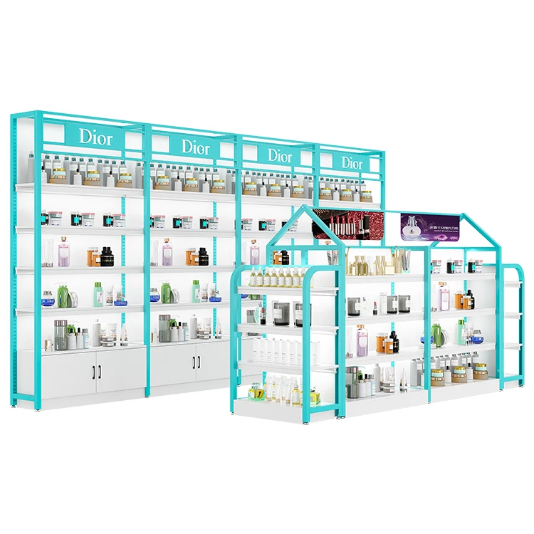 Fashion Colorful Customized Cosmetics Display Shelves Beauty Shop Store Cosmetic Rack Shopping Mall Makeup Display Wall Shelf