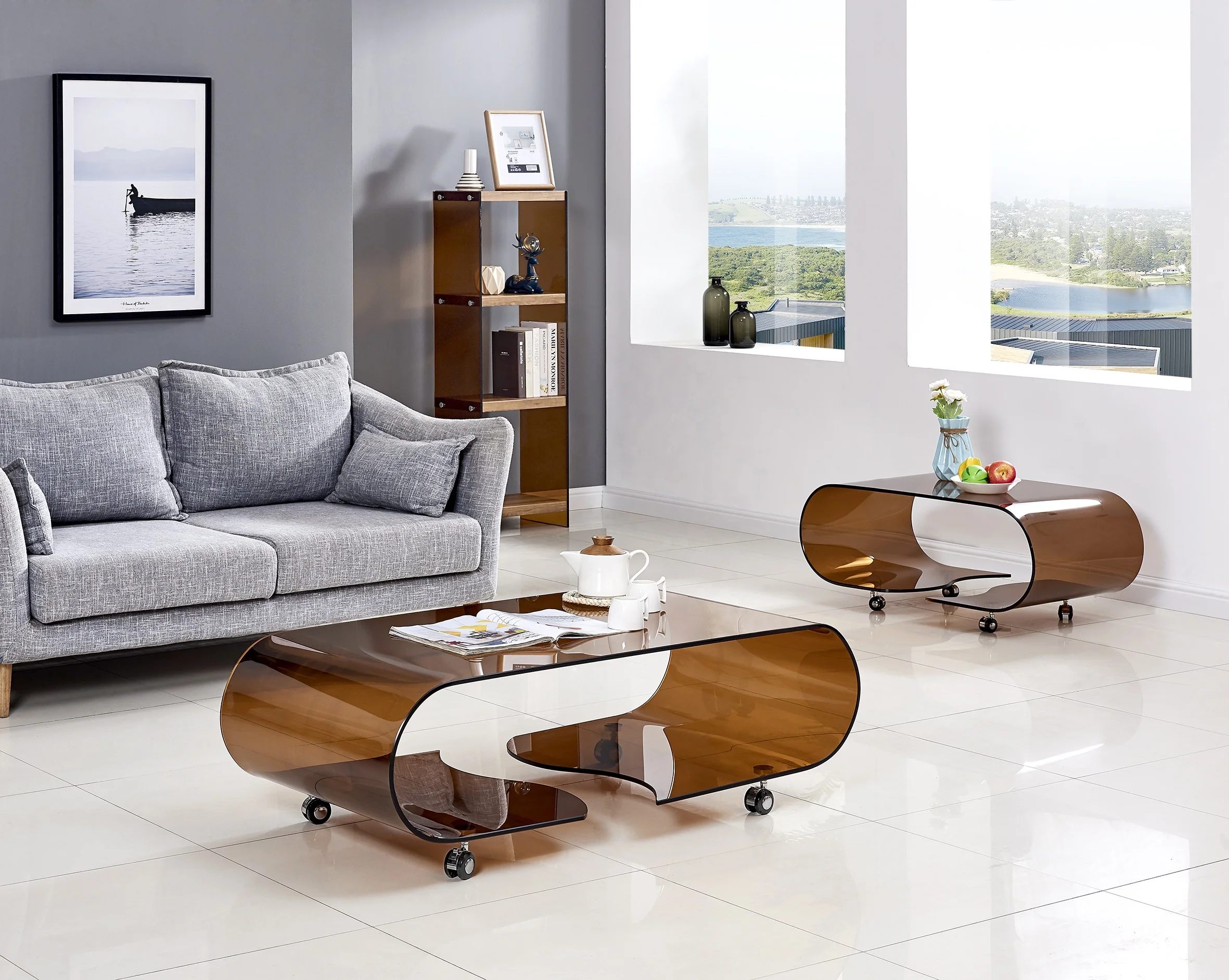 Tawny tempered and bent glass for the top with 10 mm thickness with 4 wheels coffee table tea table central tables