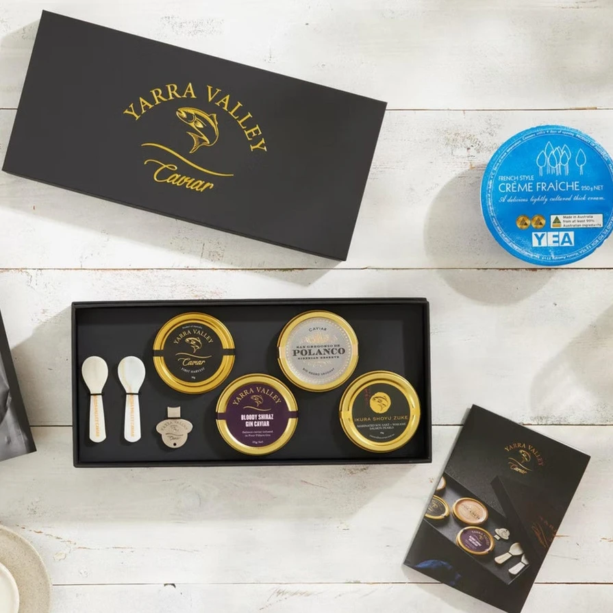 Custom Logo Russian Salmon Flying Fish Spoon Pearl Caviare Packaging Box Top Lid Package Caviar Gift Paper Box