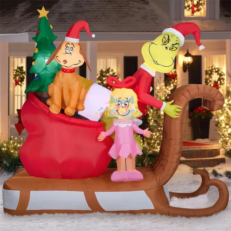Airblown inflatable christmas decor 9ft grinch with max and cindy lou on sleigh for outdoor xmas party
