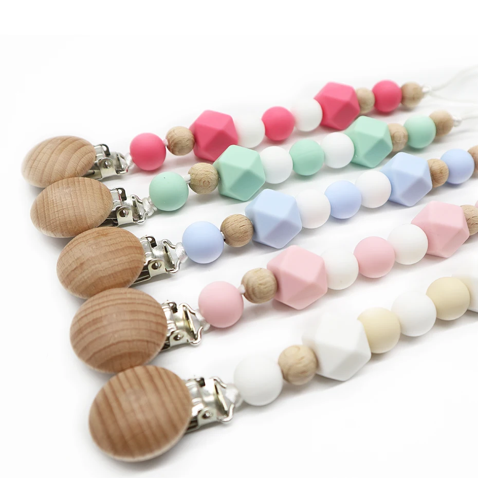 Popular Silicone Beaded Soother Packaging Baby Wooden Pacifier Chain Chewable Clip Dummy Holder