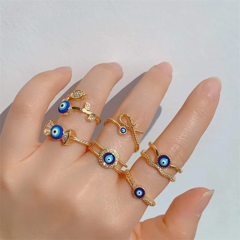 New Design Turkish Blue Eye Finger Ring Jewelry Open Adjustable Dainty Oil Drop 18K Gold Plated Evil Eyes Rings Women
