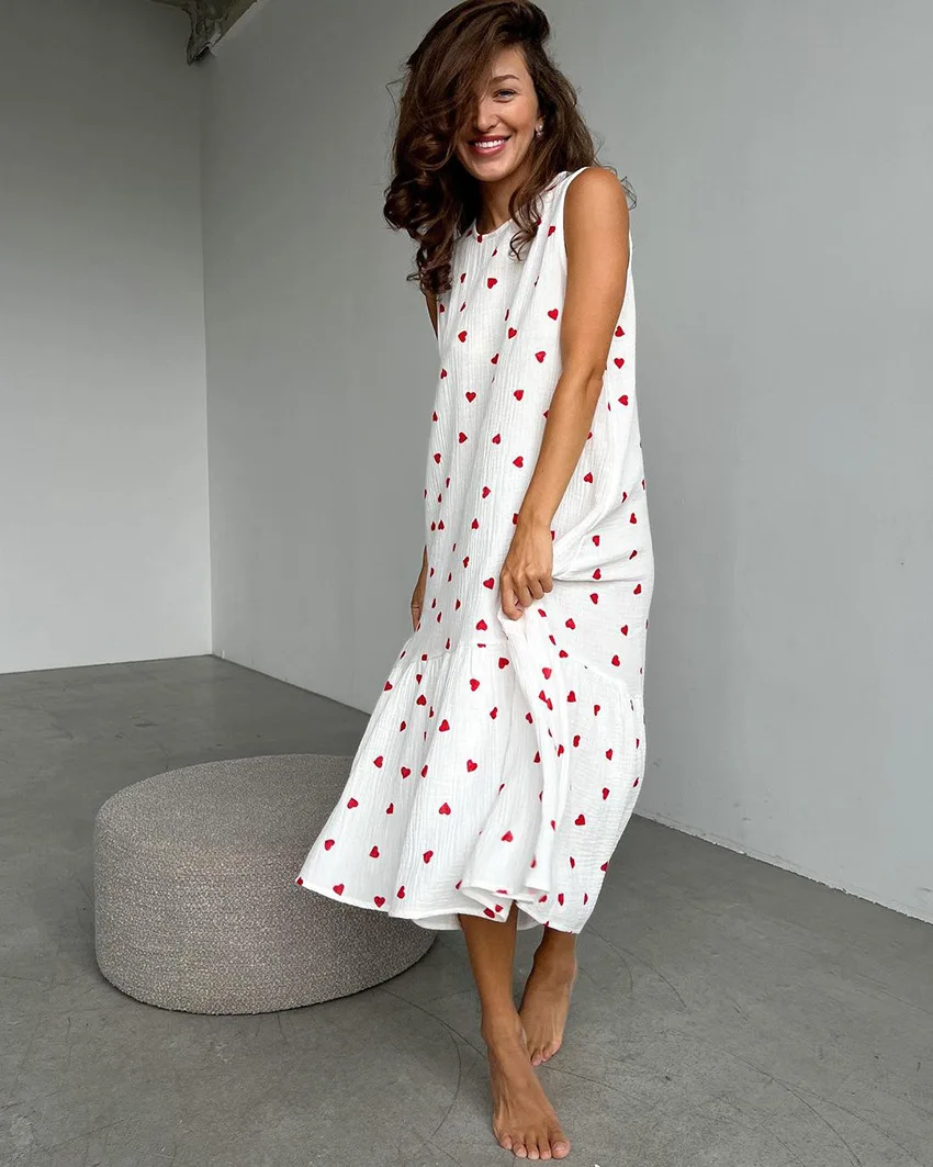 New Arrival Spring Sexy O Neck Nightdress Love Print White Pajamas Sleeveless Night Gown Cotton Homewear Dress Ladies