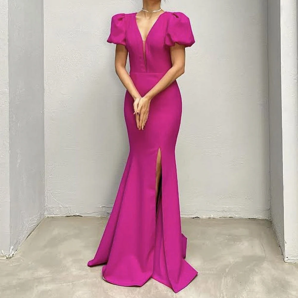 Short Puff Sleeve Ruched Side Slit Floor Length Summer Formal Sexy Evening Dress Bridesmaids Party Prom Gown