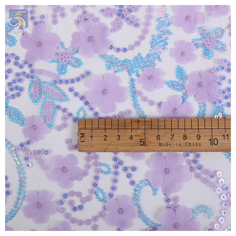 TDS008 Custom Multicolor 3D Floral Embroidered Tulle Lace Fabric for Dress Sequin Embroidered Tulle Mesh Fabric