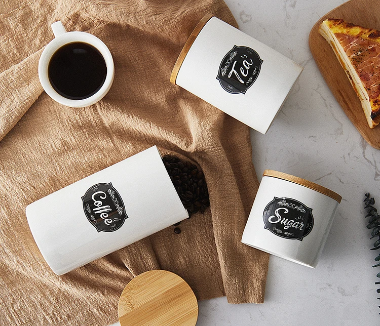 Custom Logo Kitchen Ceramic Canisters Food Storage Jar for Tea Coffee Sugar with Bamboo Lid