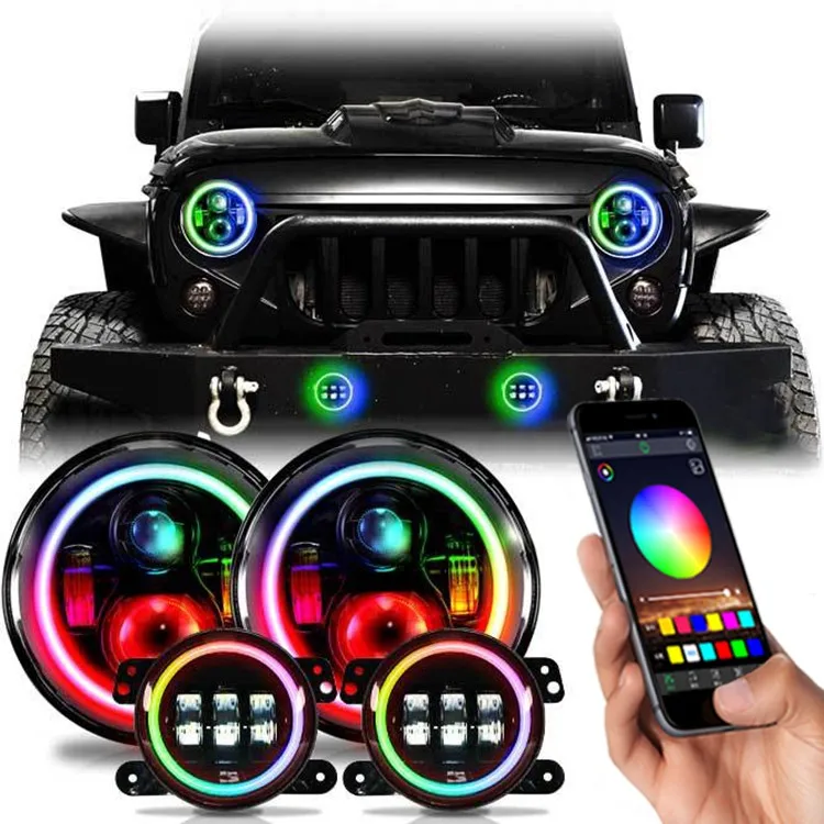 7 inch Dancing Color Halo Ring LED Headlights Round With 4 inch Fog Lights Kit For Jeep  TJ LJ