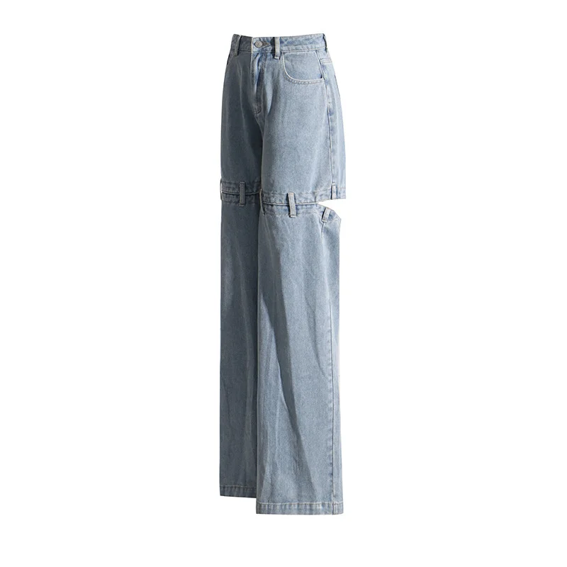 American retro fashionable wide leg denim pants knee cut-out design sweat pants women wide leg jeans