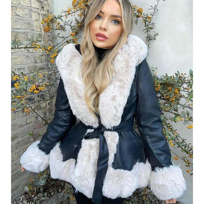 Patchwork High Imitation Leather Coats Women Fashion Hooded Faux Fox Fur Jackets Women Elegant Tie Belt Slim Coats Ladies