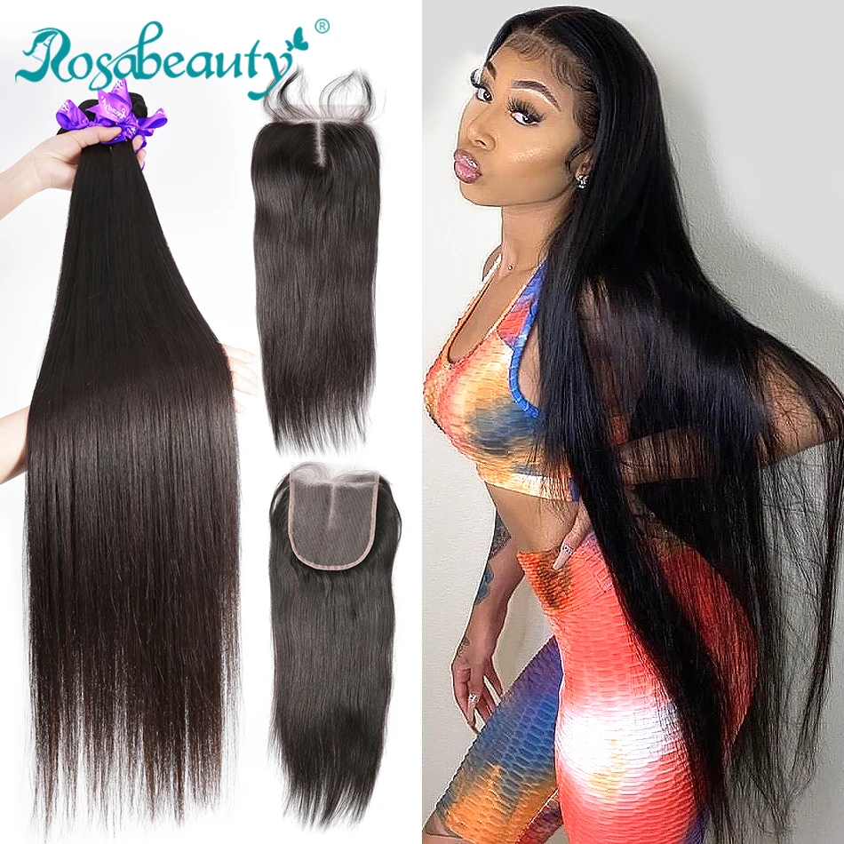 
28 30 40 Inch Peruvian virgin Hair Bundles Straight 3 4 Bundles With Closure Human Hair Extensions and Lace Closure 