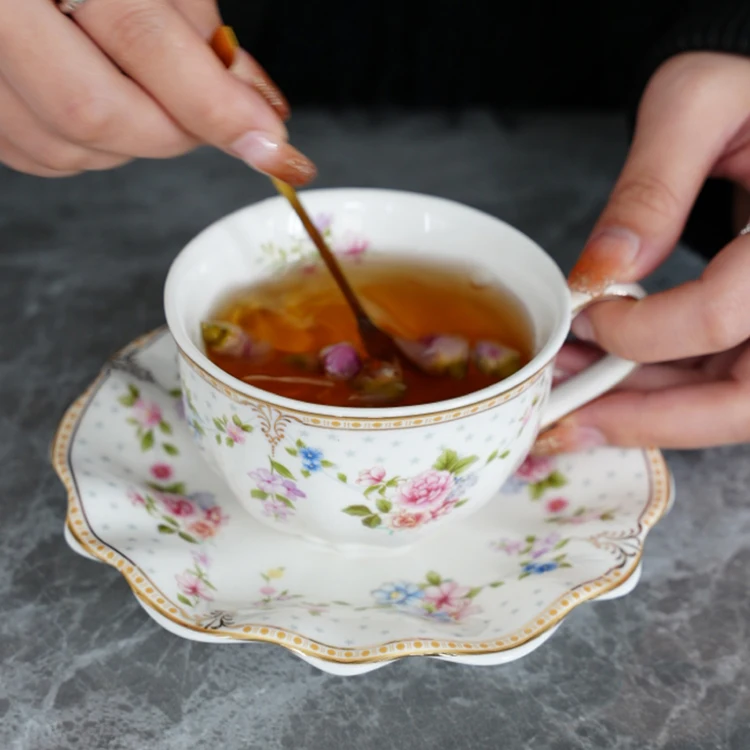 Chinese new design pink flower pattern porcelain bone china tea cup set traditional turkish ceramic coffee cups with saucer