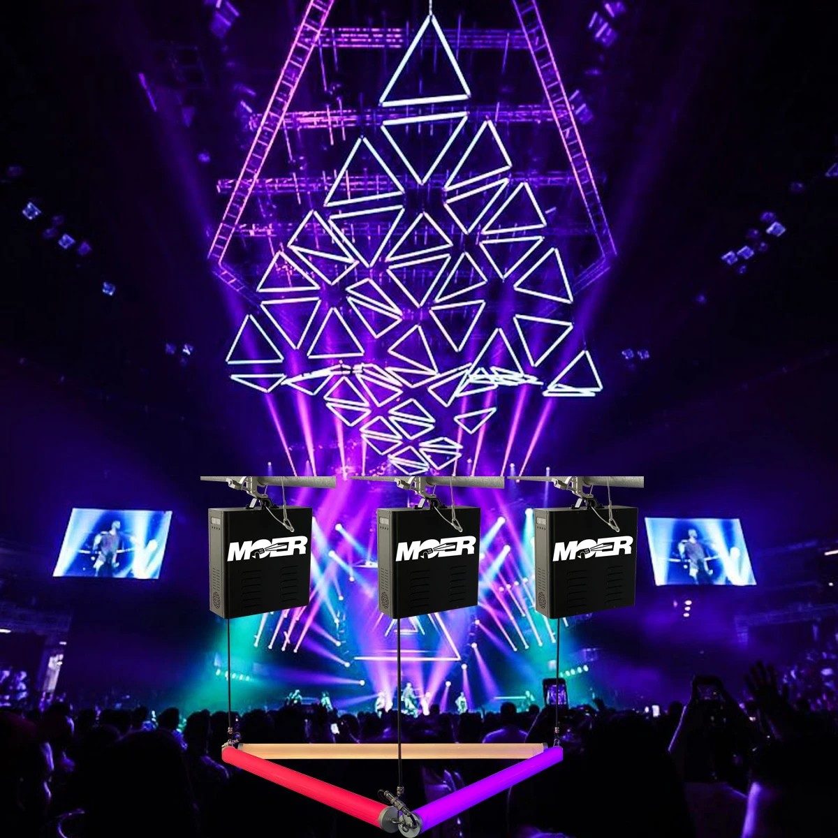 DMX LED kinetic lighting ball system RGB triangle kinetic lift light Winch