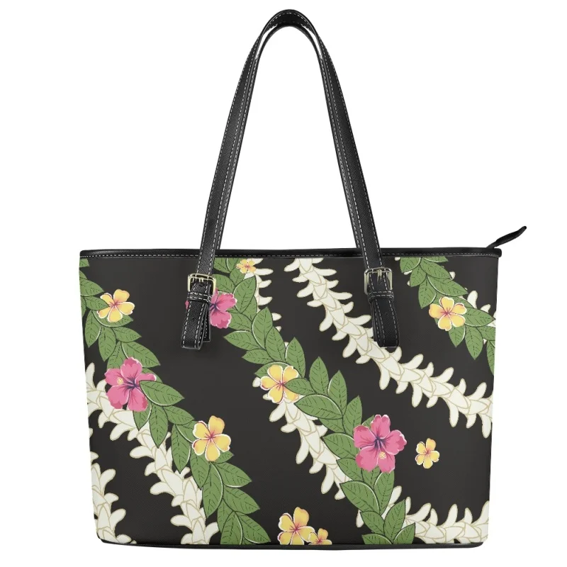 Hawaiian Puakenikeni Hibiscus Pattern Lady Leather Handbag POD Dropship Elegant Carryall for Women