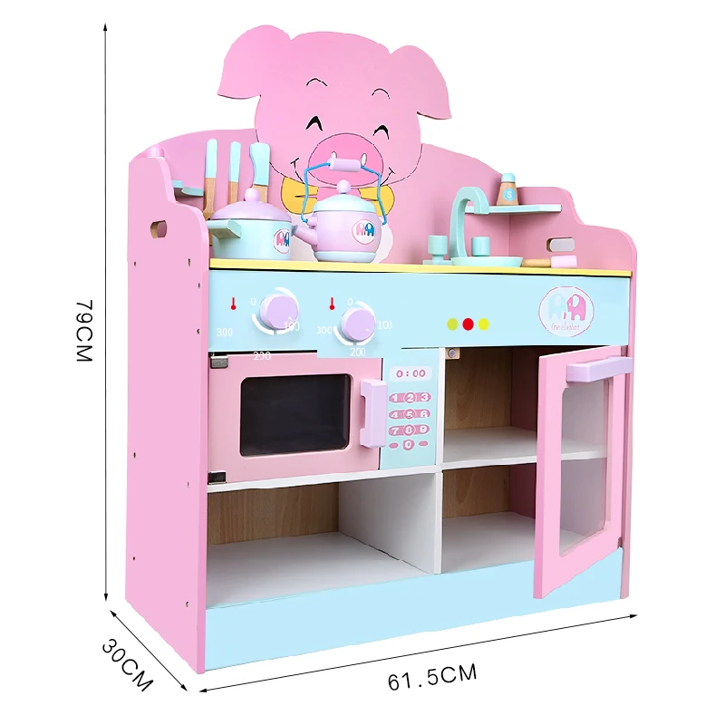 Creative Wooden Simulation Safety Pink Pig Kitchen Cooking Set Montessori Educational Big Kitchen Sets Toys Building Blocks
