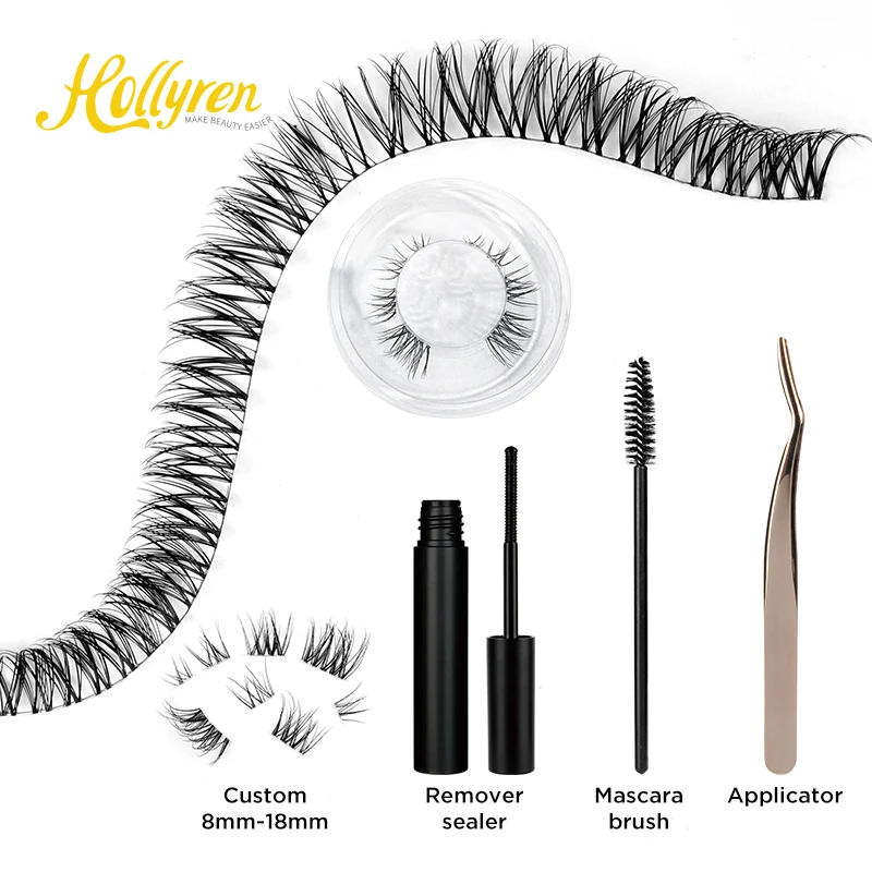 Hollyren 0.1mm Korean Silk Lashes Private Label Diy Segment Eyelash Extensions Kit With Latex Free Glue