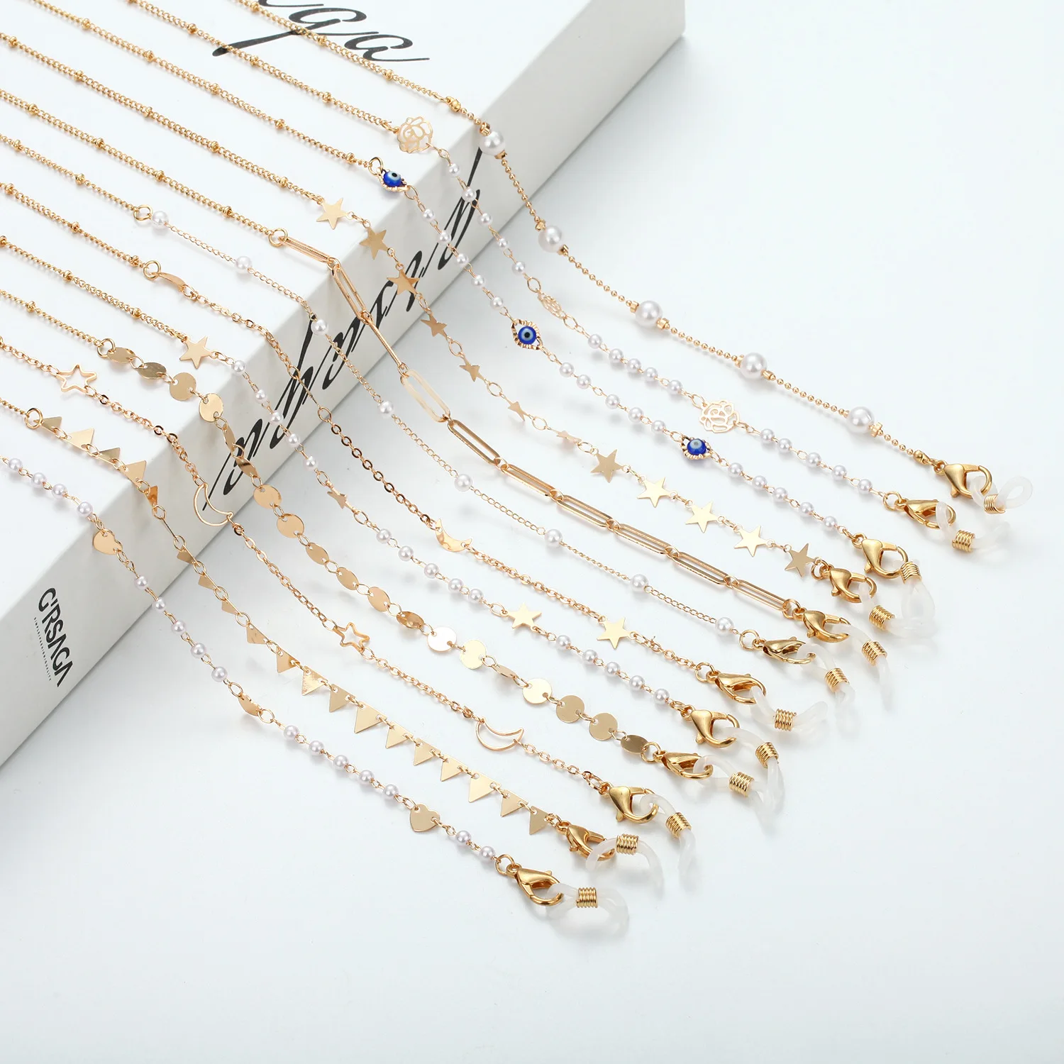 No MOQ Pearl Beaded Glasses Chain Rose Flower Glasses Lanyard Chain Fashion Sunglasses Chain Peach Heart Metal