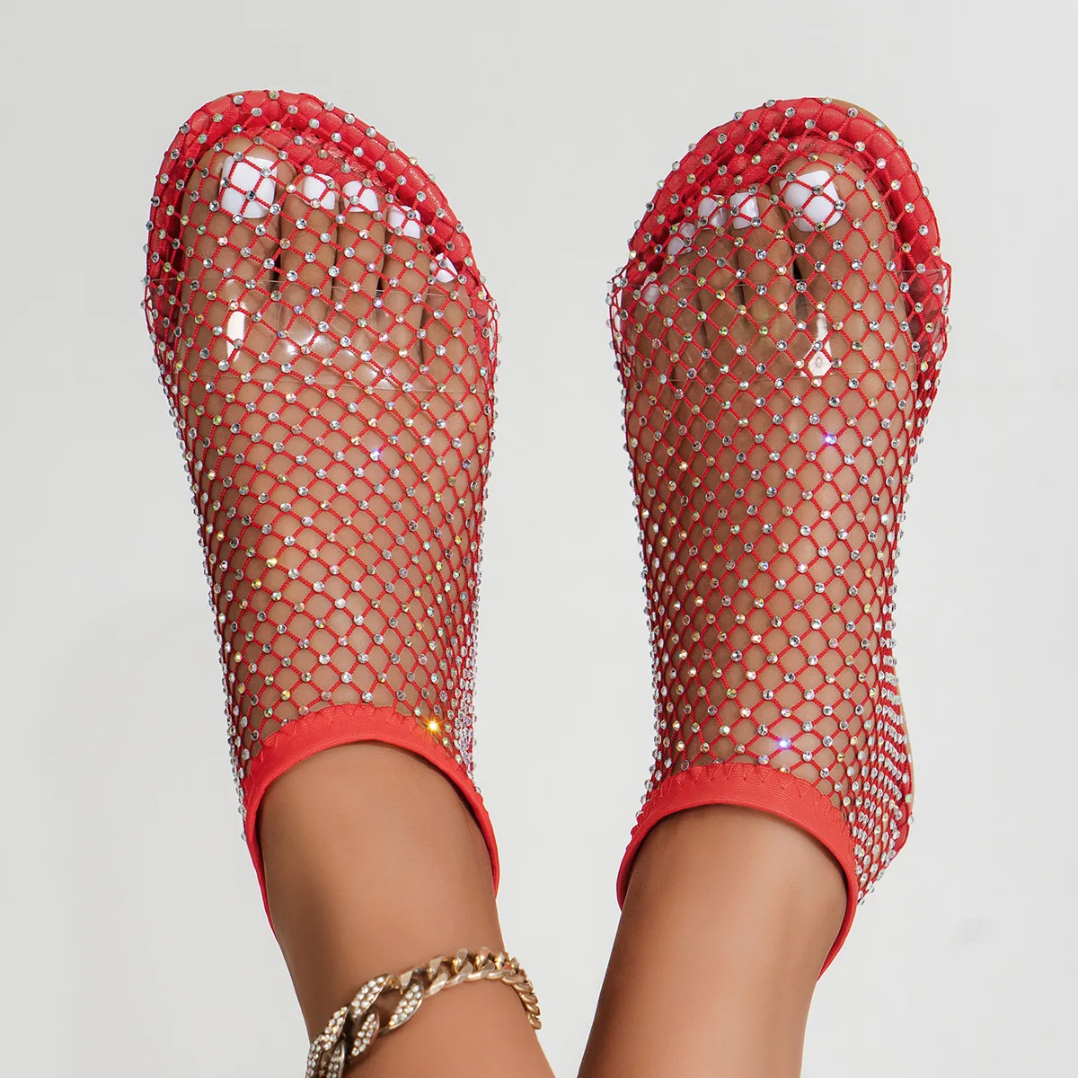 New round toe flat bottomed hollowed out rhinestone sandals oversized slip on shoes lazy shoes for women fishing net socks shoes