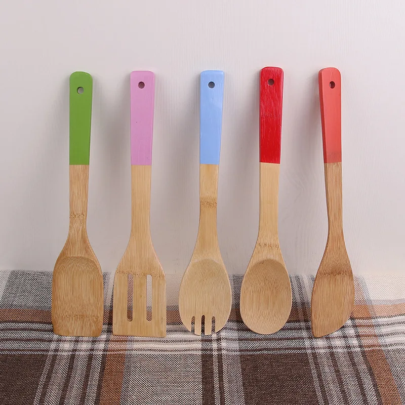 Кухонная утварь, Бамбуковая деревянная сервировочная шпатель, скребок, ложка с цветной длинной ручкой