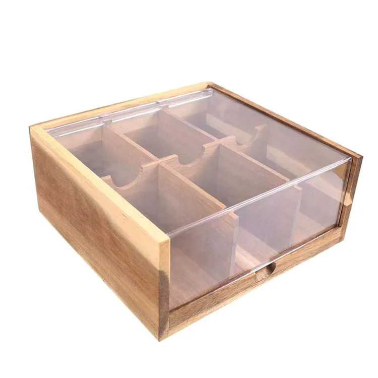 Custom Large 6 Compartments Tea Chest  Organizer Acacia Wood Tea Bags Storage Box With Acrylic Transparent Hinged Lid