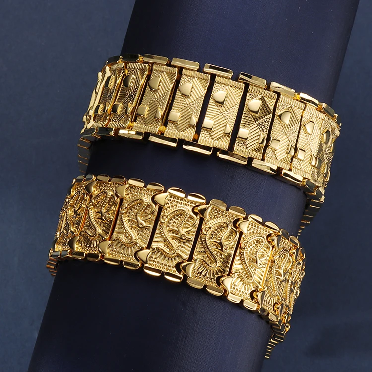 Haosen Fashion Jewelry 24K Gold Plated Dubai Gold Color Wide Bracelet Cuban Chain Not Fade Ethiopian Bracelet for Women Men