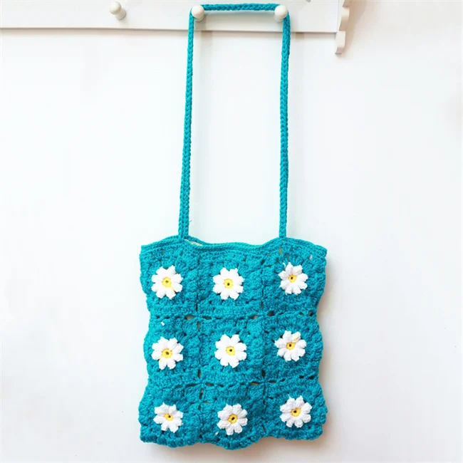 Fancy Hot Style Handmade Floral Knitting Crochet Yarn Net White Daisy Flower Pattern Tote Handbag