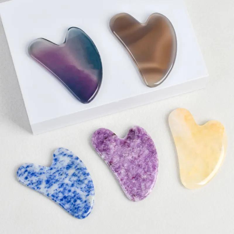 Pink crystal jade heart-shaped scraping board purple stone facial tendon pulling quartz massage board beauty massage tool